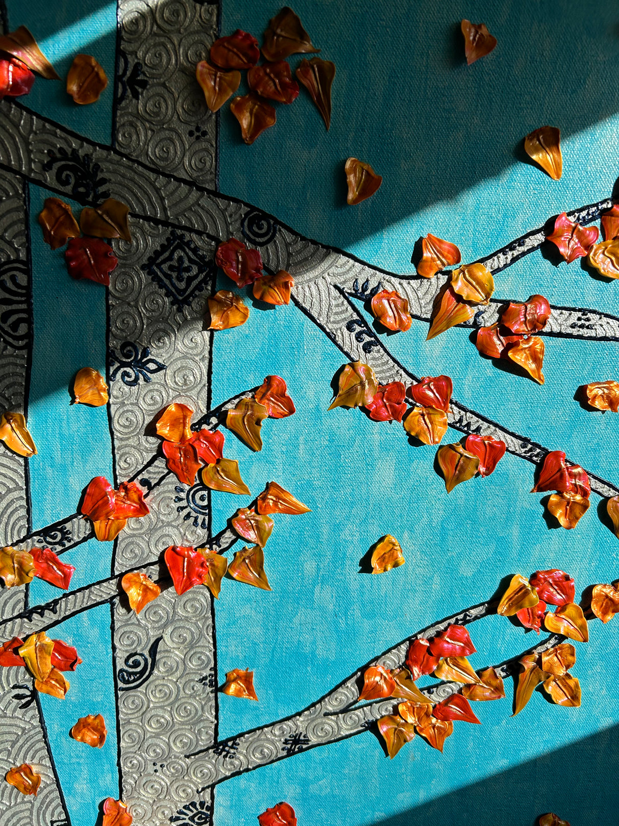 Fall Aspens original 20x24 3D textured landscape painting by Bala Thiagarajan, sculptural golden-orange and yellow aspen grove with metallic leaves, hand-piped henna-style tree trunks on a warm-toned background with heavy-body relief in light