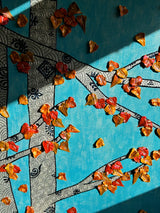 Fall Aspens original 20x24 3D textured landscape painting by Bala Thiagarajan, sculptural golden-orange and yellow aspen grove with metallic leaves, hand-piped henna-style tree trunks on a warm-toned background with heavy-body relief in light