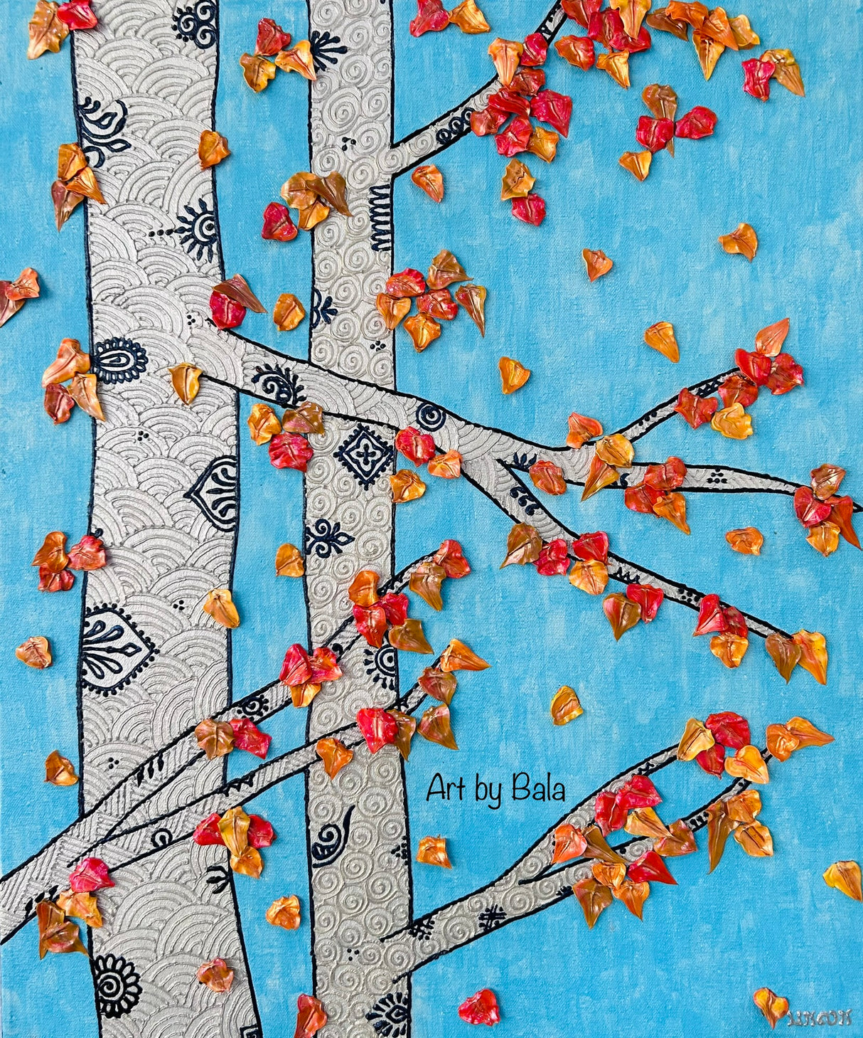 Fall Aspens original 20x24 3D textured landscape painting by Bala Thiagarajan, sculptural golden-orange and yellow aspen grove with metallic leaves, hand-piped henna-style tree trunks on a warm-toned background with heavy-body relief