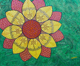 Golden Beauty original 20x24 3D textured floral painting by Bala Thiagarajan, sculptural golden yellow and metallic amber flower on canvas, hand-piped iridescent acrylic petals with heavy relief and sun-drenched floral detail.