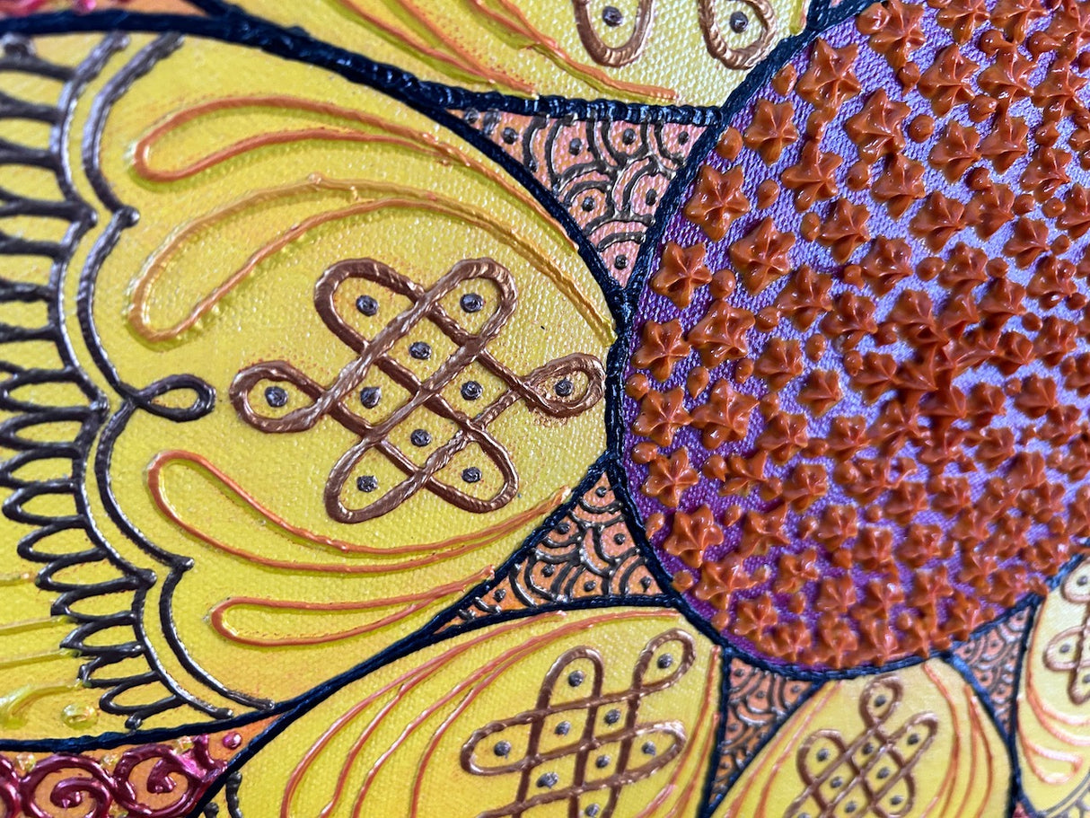 Golden Beauty original 20x24 3D textured floral painting by Bala Thiagarajan, sculptural golden yellow and metallic amber flower on canvas, hand-piped iridescent acrylic petals with heavy relief and sun-drenched floral detail close up