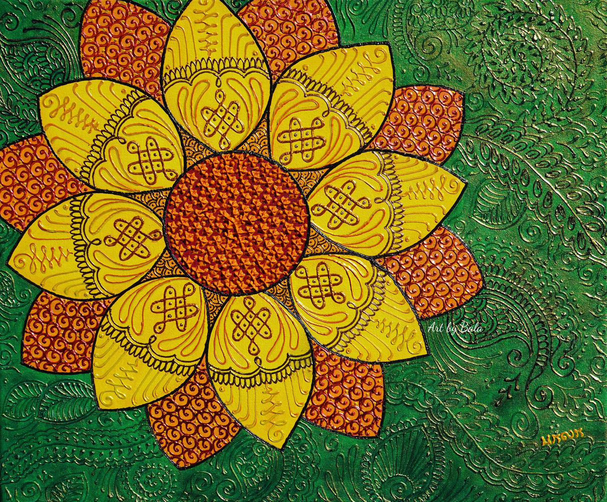 Golden Beauty original 20x24 3D textured floral painting by Bala Thiagarajan, sculptural golden yellow and metallic amber flower on canvas, hand-piped iridescent acrylic petals with heavy relief and sun-drenched floral detail.