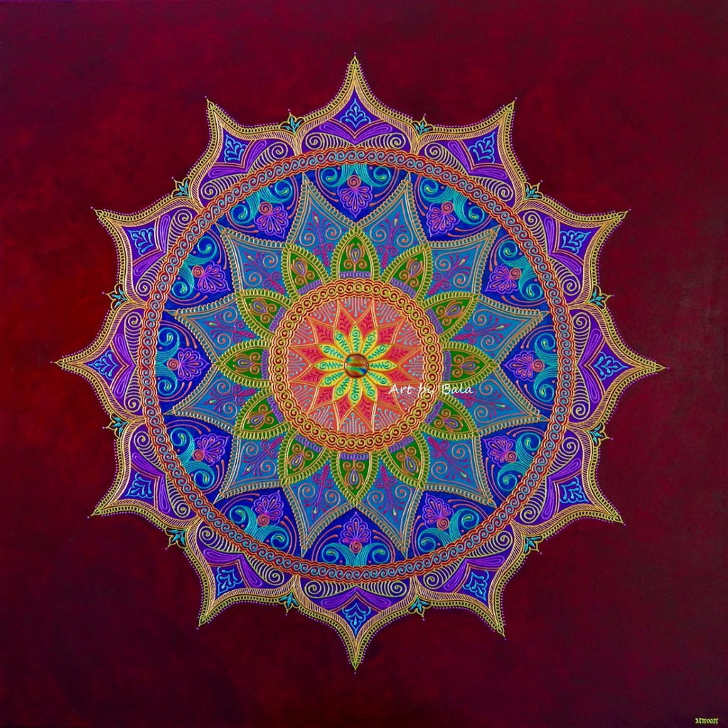 Joy Mandala by Bala, vibrant acrylic mandala artwork radiating happiness and positivity.
