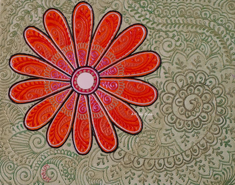 Passion series orange flower on light green background with mirror textured floral painting by Bala Thiagarajan, hand-piped iridescent acrylic on wood panel with sculptural 3D detail